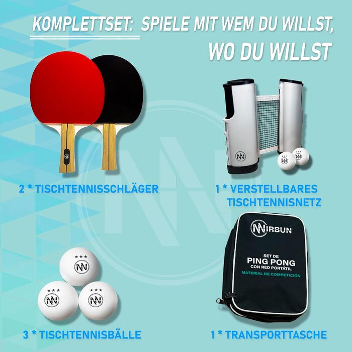 Набір для настільного тенісу NIRBUN з висувним сіткою, професійні ракетки, тенісні м'ячі 3 зірки, регульована сітка для будь-якого столу, портативний набір для 2 гравців