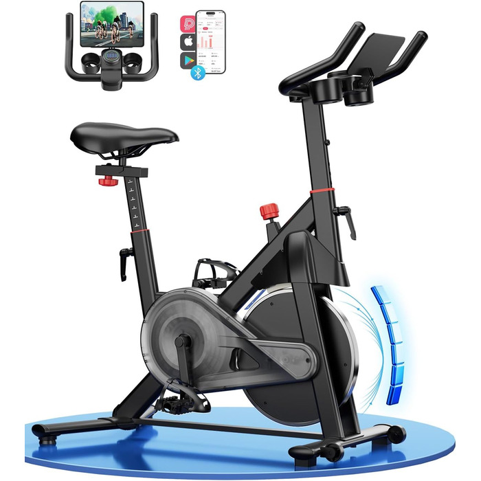 Велотренажер з регульованим магнітним опором, ергометр для дому, фітнес-велосипед 136 кг з тримачем для планшета, фітнес-велосипед з додатком, для дому та фітнес-студії, чорний
