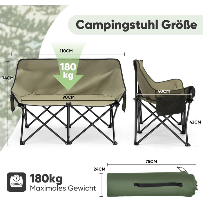 Складане кемпінгове софа для 2 осіб Sunula - портативний стілець з підлокітниками та сумкою, для пікніка, кемпінгу, саду, балкону, риболовлі (оливковий, 110 см)
