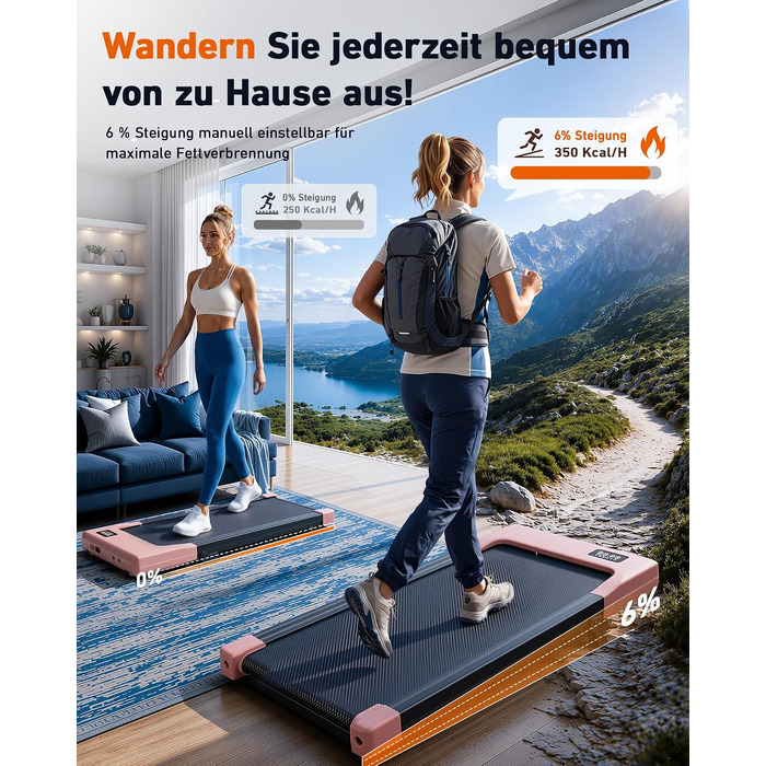 Бігова доріжка DeerRun Walking Pad з нахилом 6% для дому та офісу, компактний тренажер під стіл з LED-дисплеєм, керуванням через додаток та пультом, макс. навантаження 136 кг (Персиковий рожевий)