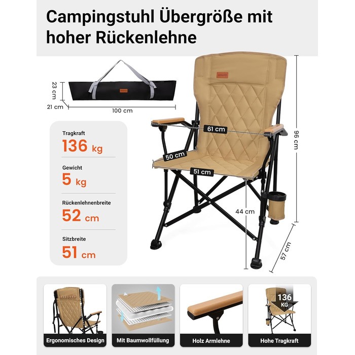 Складане кемпінгове крісло KingCamp XXL з високою спинкою та підлокітниками з дерева, підтримує до 136 кг, з підстаканником та сумкою для перенесення, Khaki
