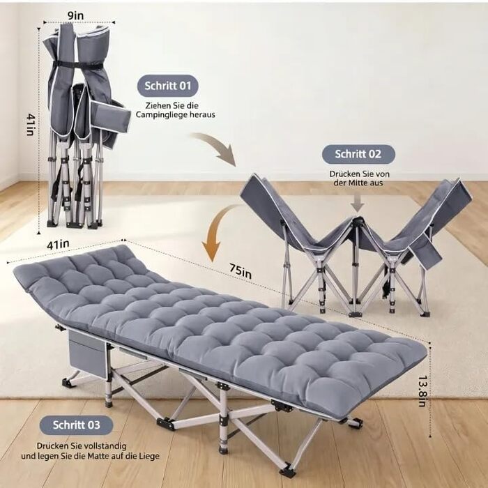Ліжко туристичне розкладне Feldbett XXL 250 кг 2 шт сіре - 7 зон, 1200D Oxford, кут нахилу 15°, для кемпінгу, саду, палатки