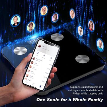 Цифрова вага для тіла з визначенням жиру та м'язової маси, Bluetooth, 180 кг, 28*28 см, чорна