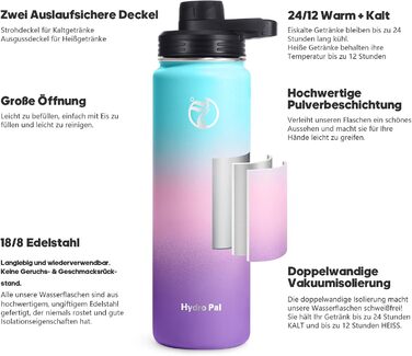 HydroPal Фляга з нержавіючої сталі - 750мл/1л/1.2л/1.9л, без BPA, для газованих напоїв, ізольована пляшка з трубочкою та 2 кришками (бутиль, 500 мл)