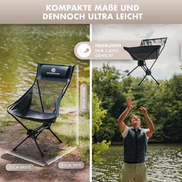 Складний туристичний стул NaturBummler Cloud Sit Light – ультралегкий (2,65 кг), дихаючий, з сумкою, 120 кг, для відпочинку на природі, риболовлі, саду (сірий)