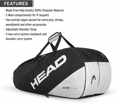 Тенісна сумка HEAD Elite 9R Supercombi Unisex чорно-біла - професійна для ракет та аксесуарів