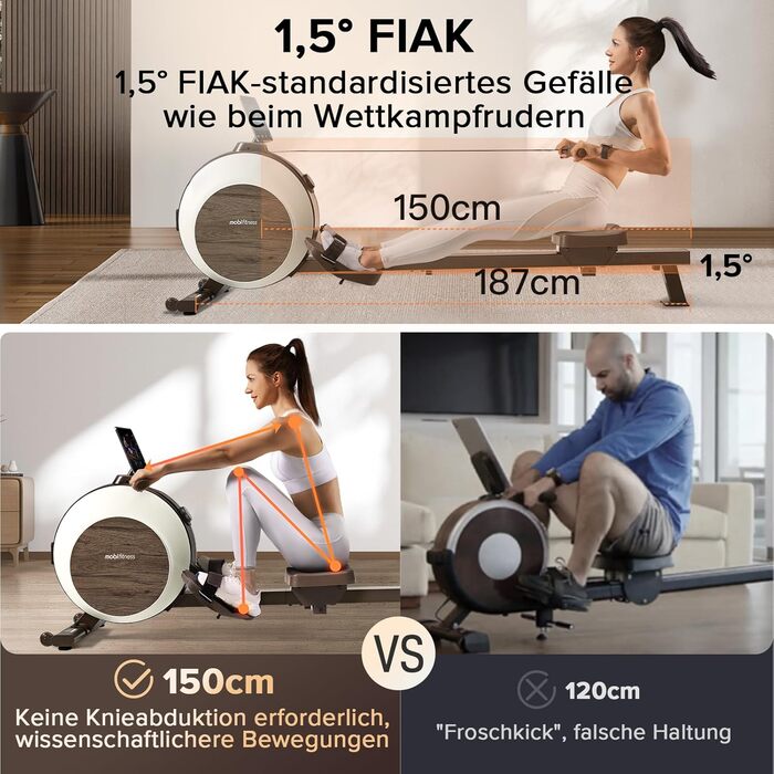 MOBI FITNESS: Горизонтальний тренажер для дому з магнітним опором, 40 рівнів, максимальне навантаження 160 кг, LED-дисплей (сумісний з Apple Watch)