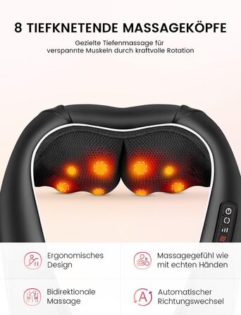 Масажер для шиї RIKE Shiatsu з підігрівом – 3D масажер для шиї, плечей та спини, з адаптерами для мережі та авто, глибокий масаж, подарунок на Різдво (сучасний)