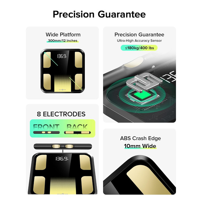 Вага RunSTAR для вимірювання жиру в тілі, персональна вага з 8 електродами, вимірювання ваги, жиру, BMI, м'язової маси та 28 параметрів тіла, додаток, 3 показники, 180 кг, чорний колір