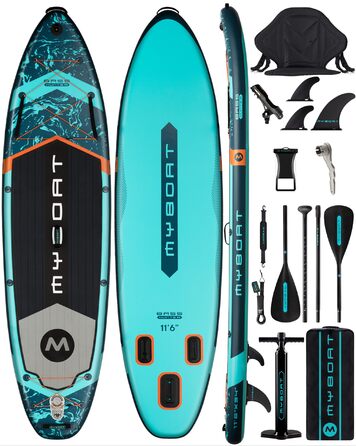 Надувне SUP-дошка MYBOAT 30,5 x 86,4 x 15,2 см для риболовлі, з аксесуарами (3 плавці, бungees, камера, насос, весло, мішок, мотузка)