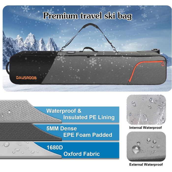 Чохол для сноуборду/лиж з колесами, 1680D Oxford, водонепроникний, для подорожей літаком, 164 см