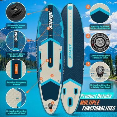 Надувний SUP-борд ALLPICK Premium з аксесуарами, тримачем для камери, регульованим веслом, для початківців та досвідчених, 200 кг, колір: Глибокий синій
