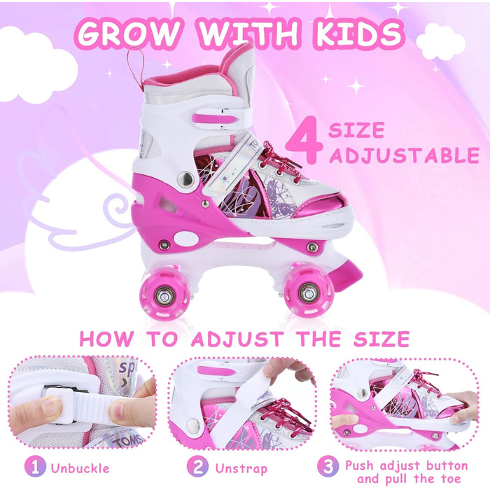 Роликові ковзани TOMSHOO для дівчаток, дитячі інлайни з LED-підсвічуванням, регульовані, для початківців, рожеві (XS, 26-29 EU)