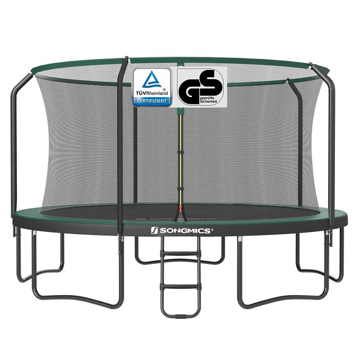 Трамплін SONGMICS для саду, Ø 244/305/366/427 см, круглий, з сіткою безпеки та сходами, захисною обшивкою, м'яким каркасом (427 см, Чорний + Темно-зелений)