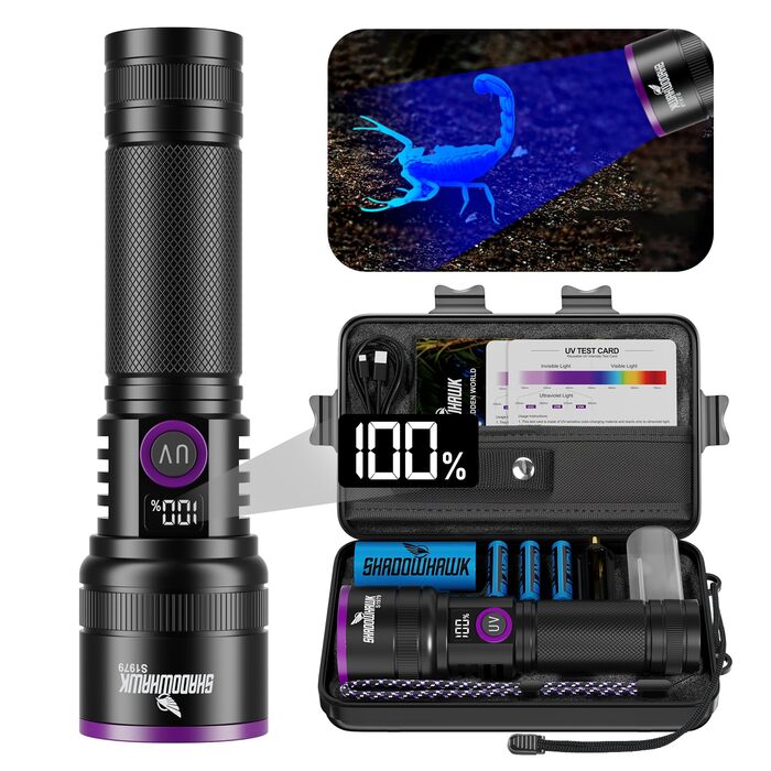 Ліхтарик ультрафіолетовий Shadowhawk 365nm 30W з фільтром, USB-зарядний, для виявлення сечі тварин, смоли, скорпіонів, перевірки банкнот, з LCD-дисплеєм