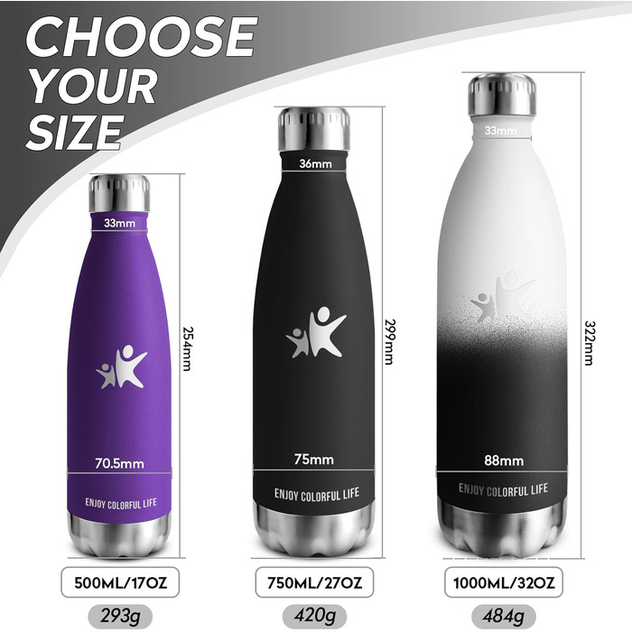 Термос KollyKolla з нержавіючої сталі 500мл/750мл/1л, термокружка, пляшка для води, спортивна, для дітей, без BPA, для школи, фітнесу, кемпінгу