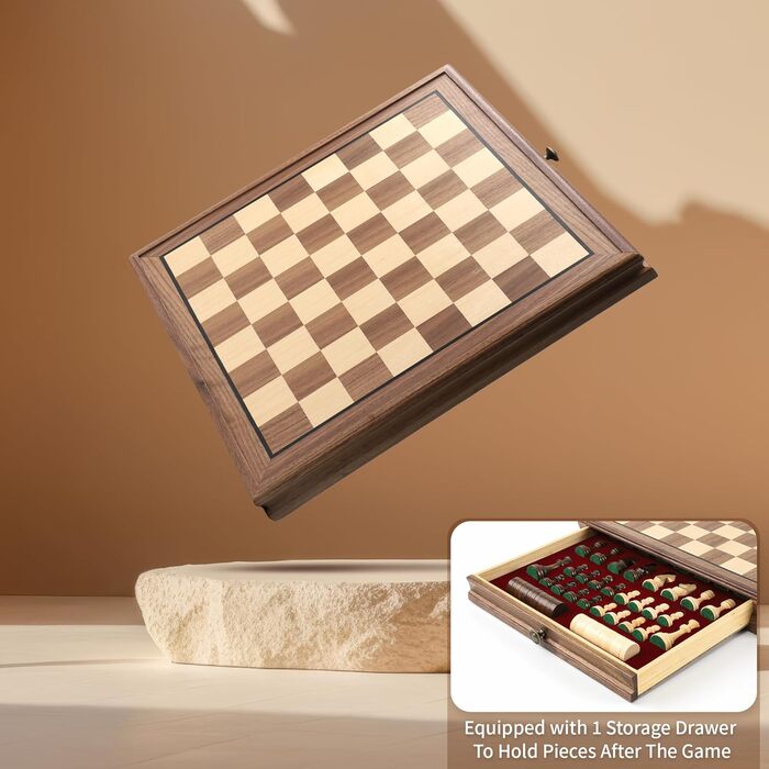 Магнітний шаховий та шашки з горіхового дерева – 2-в-1 набір, з ящиком для зберігання, 2 фігури для шашок, 24 шашкових фігури – дерев'яний шаховий набір для дітей та дорослих