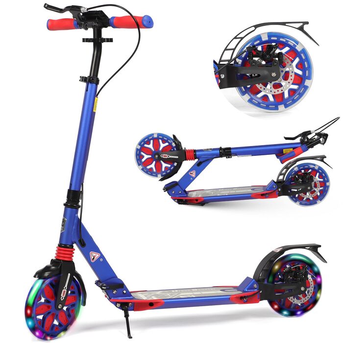 Самокат трюковий Kickscooter LED-синій, для дітей 8-12 років та дорослих, колеса 200 мм, дискові гальма, складаний, з ременем та подвійною амортизацією