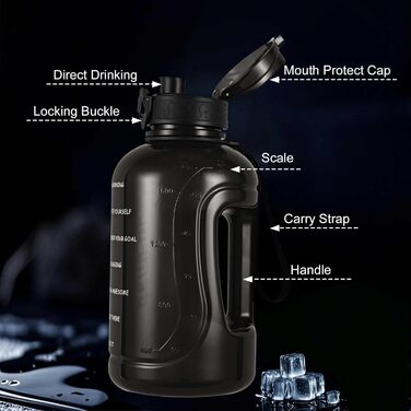 Пляшка спортивна GEMFUL 3л з міткою часу, соломинкою та ручкою, сіра. BPA-free, герметична, для фітнесу, тренувань та активного зволоження.