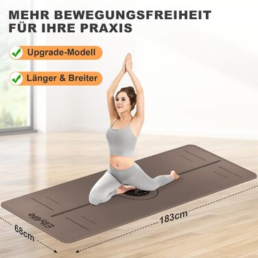 Килимок для йоги та пілатеса з еко-каучуку та TPE, протиковзкий, з лініями розмітки та ременем для перенесення, коричневий, 4мм