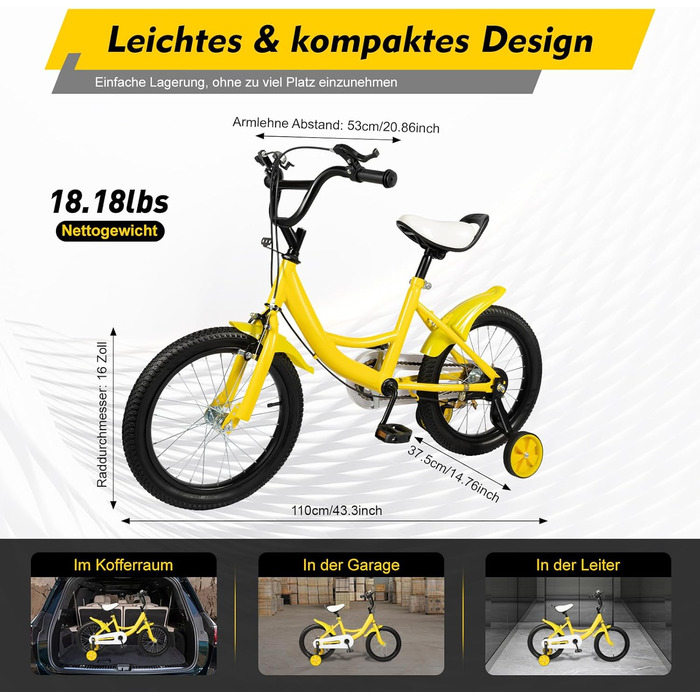 Дитячий велосипед 16 дюймів для дітей 5-8 років (105-135 см), міцний сталевий велосипед з додатковими колесами, регульоване сидіння та кермо (жовтий)
