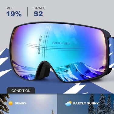 Дитячі скі-маски Odoland для сноуборду та лижного спорту, сумісні з шоломом, дзеркальні, з захистом від УФ-випромінювання та запобіганням запотіванню, VLT 20% (Blau – VLT 19%)