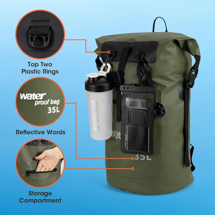 Водонепроникний рюкзак WELDUN 35L/50L Rolltop Dry Bag з IPX8 чохлом для телефону, для каякінгу, кану, кемпінгу, трекінгу, піших прогулянок, вітрильного спорту та інших водних видів спорту. Зелений колір.