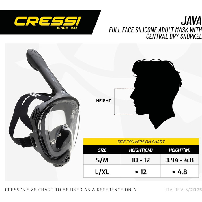 Маска для снорклінгу CRESSI Java Full Face – повна маска, антизапітніння, силікон, сухий снорк, білий/чорний, L-XL