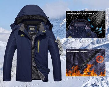 Зимова куртка KEFITEVD для чоловіків, водонепроникна, тепла, з підкладкою, для катання на лижах, спортивна, вітронепроникна, дихаюча, функціональна з відстібаною капюшоном (M, Темно-синій)