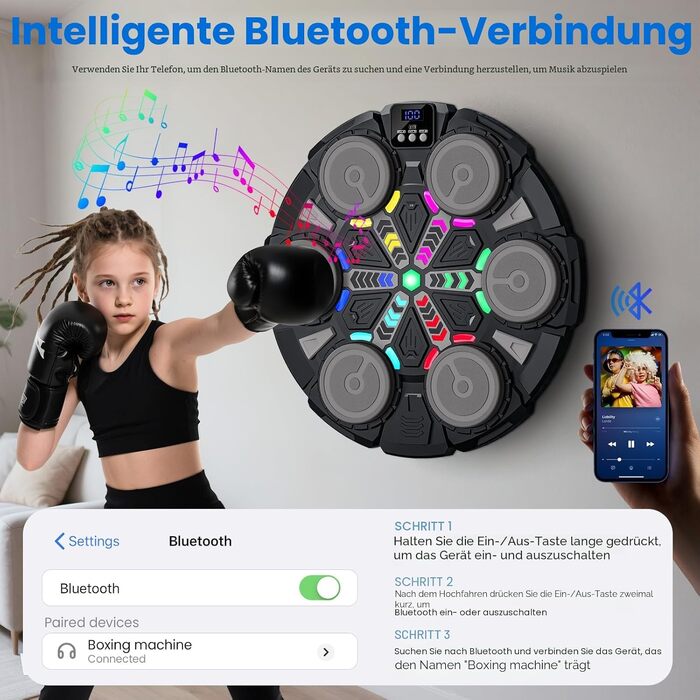 Музичний боксерський тренажер IERAKOR з рукавичками, LED-підсвіткою, Bluetooth, 5 швидкостей, для дітей - Чорний