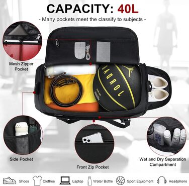 Спортивна сумка RAINSMORE 40L для чоловіків та жінок, водонепроникна, з відділенням для взуття та вологих речей, для тренувань, подорожей, спортзалу, чорна