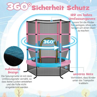 Батут GOPLUS Indoor з сіткою безпеки, дахом, металевим каркасом, стрибучою поверхнею, круглий, для саду, до 135 кг, рожевий, Ø165 x 165 см