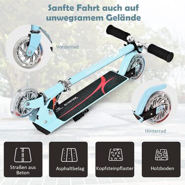 Дитячий ролер GOPLUS Roller Kinder 4, ролер для дітей 4 роки, з LED-підсвіткою, гальмом та підніжкою, регульована висота, алюмінієвий, складний, до 70 кг, блакитний