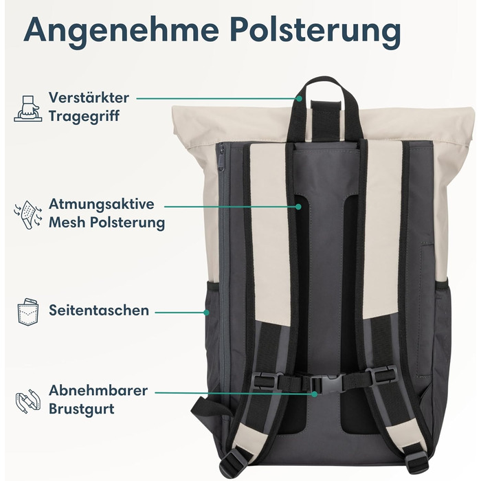Жіночий рюкзак LARKSON Rolltop No 2, бежево-сірий, для ноутбука 16'' – водостійкий, антивандальний, для школи, університету, роботи, велосипеда, екологічний