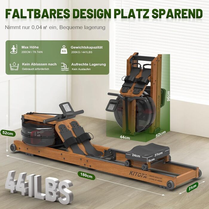 Гребний тренажер Kitopa з водою, дерев'яний, для дому, складаний, з Kinomap (30 днів), максимальна висота користувача 2м, вага до 160кг, Bluetooth, дисплей, регульований тримач для телефону, коричневий