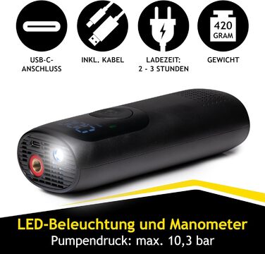 Електричний компресор Dunlop 150PSI, USB-C, велосипедний насос для всіх вентилів, насос для м'ячів, 10 Бар з манометром, пластиковий, чорний