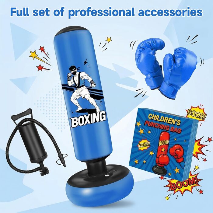 Боксерський мішок надувний для дітей 168 см з рукавичками та насосом, блакитний, з мотивом бійця, для дому, 5-12 років, для Karate та Taekwondo
