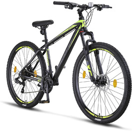 Гірський велосипед Licorne Bike Diamond Premium, алюмінієва рама, 21-швидкісна трансмісія, дискові гальма, для хлопців, дівчат, чоловіків і жінок, регульована передня вилка, 26/27.5/29 дюймів, чорний-лайм