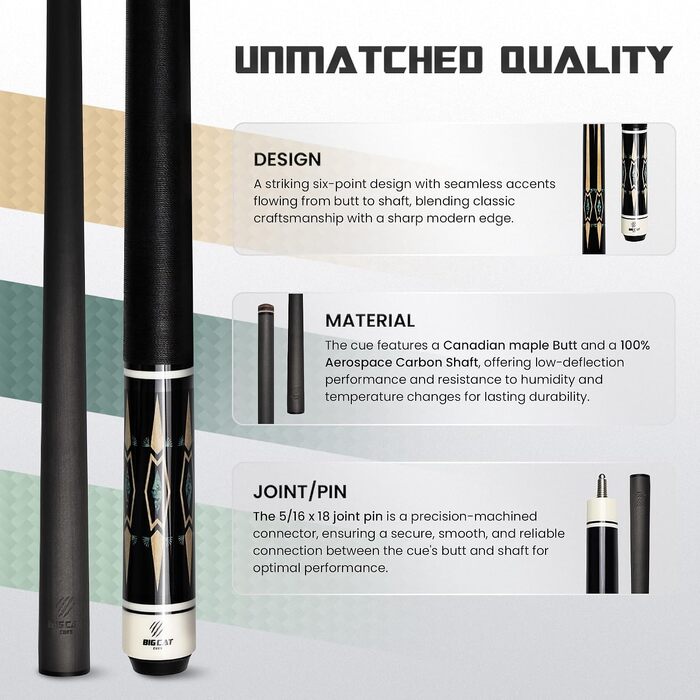 Більярдний кий Big Cat Carbon Gold Series GLD-2, карбоновий шафт Pro Taper 30,5 см, накінечник 12,4 мм, чорна ірландська лляна обмотка, 19oz
