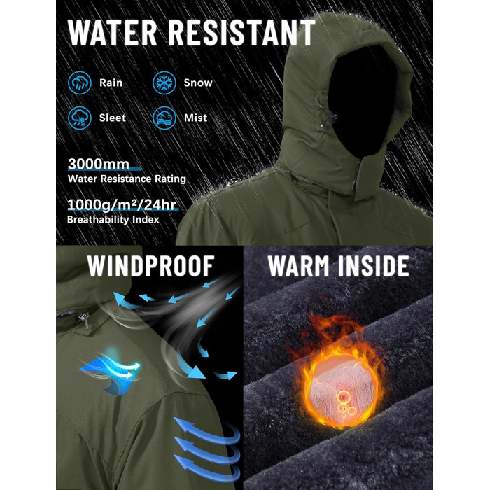 TACVASEN Зимова куртка для чоловіків, водонепроникна, тепла, флісова підкладка, софтшел, дихаюча, функціональна куртка з відстібаною капюшоном (S, армійний зелений)