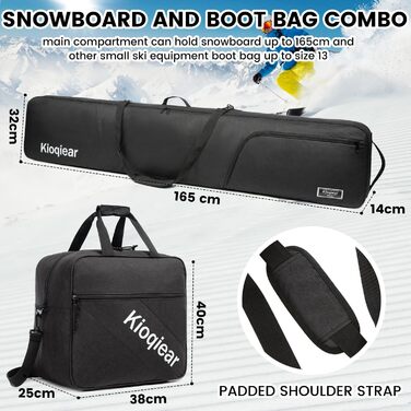 Сумка для сноуборду та черевиків Kioqiear з підкладкою, чорна (до 165 см та 43 розмір)