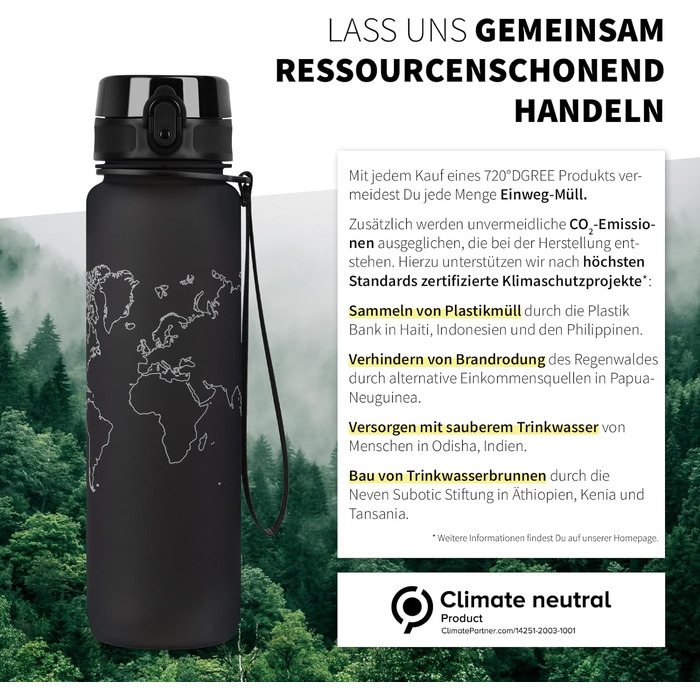 Пляшка для води 720°DGREE uberBottle 1л з ситечком, тритановий, герметичний, легкий, BPA-free, для спорту, фітнесу, велосипеда, університету, чорний Onyx Black, Softtouch