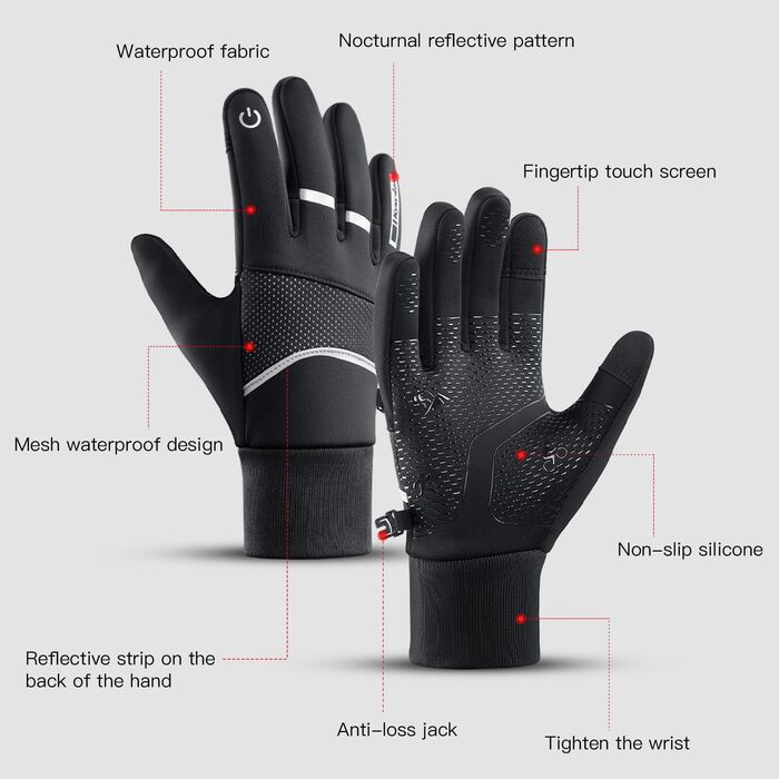 Чоловічі зимові рукавички KynciLOR Winterhandschuhe XL чорного кольору. Рукавички для велосипеда, катання на лижах та роботи. Теплі, непромокаючі, з сенсорним екраном та антиковзаючою поверхнею.