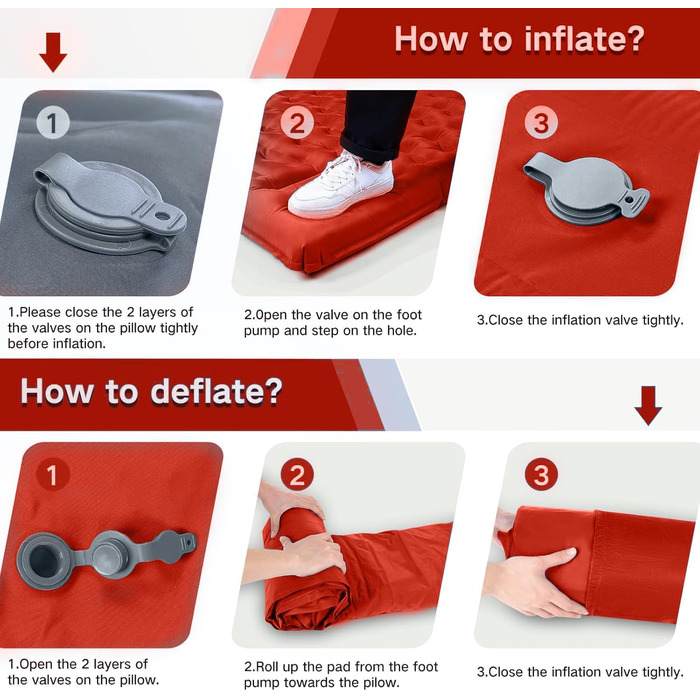 Надувний килимок для кемпінгу з інтегрованим насосом, 12.7 см, з подушкою, компактний для подорожей, рюкзаків, трекінгу, Orange-Schwarz