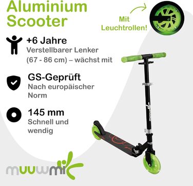 Самокат дитячий Muuwmi Lights алюмінієвий, з підсвіткою коліс, регульованим кермом, до 100 кг, зелено-чорний 145 мм, сертифікат GS