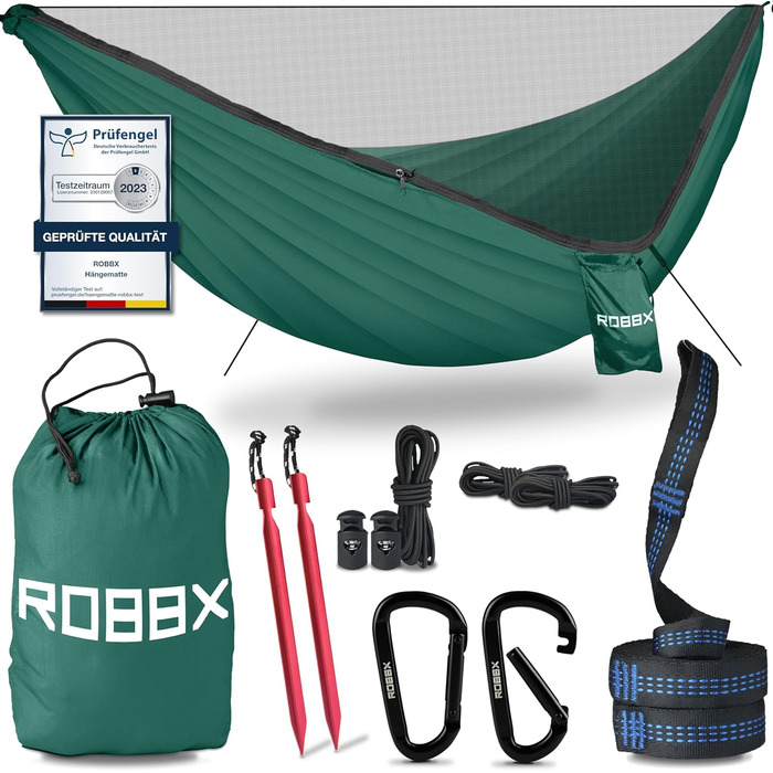 Гамак для відпочинку на відкритому повітрі ROBBX® з москітною сіткою на 2 особи | 300 кг | Подвійний гамак з комплектом кріплення | Нейлон, для кемпінгу та подорожей | 290x140 см (Зелений)