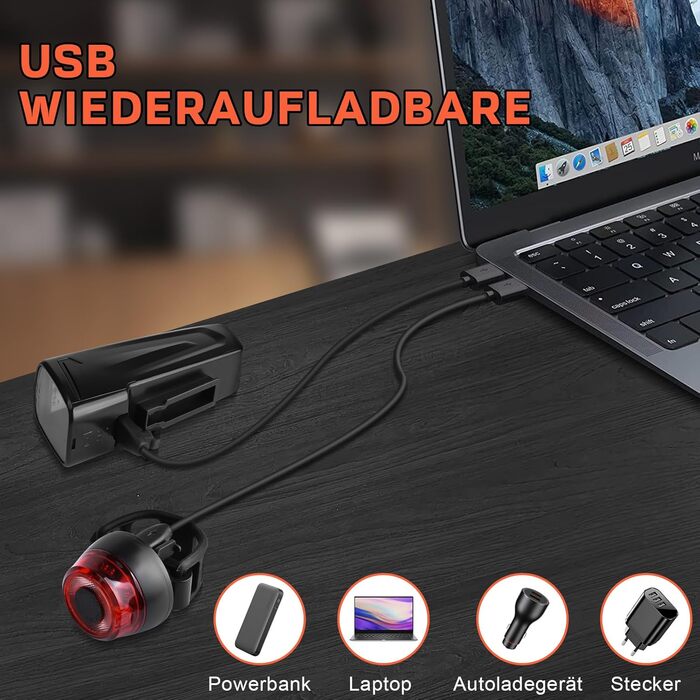 Набір LED-ліхтарів для велосипеда: передній ліхтар (60/35 LUX, 2 режими), задній ліхтар (4 LUX, 1 режим), USB-C зарядка, IPX5 водостійкість