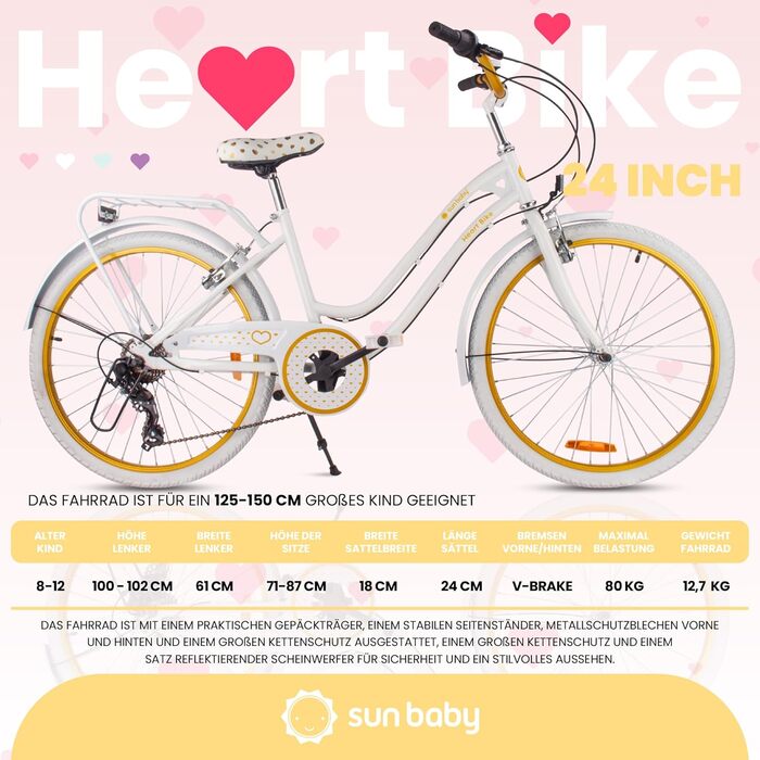 Дівчача дитяча велосипед Sun Baby 20 дюймів, серце, 6 швидкостей Shimano, для дівчаток 6-10 років, білий/золотий