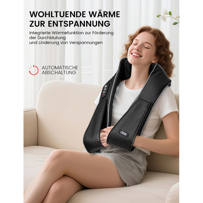 Масажер для шиї RIKE Shiatsu з підігрівом – 3D масажер для шиї, плечей та спини, з адаптерами для мережі та авто, глибокий масаж, подарунок на Різдво (сучасний)