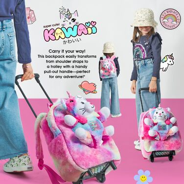 Дитячий рюкзак PERLETTI Kawaii Єдиноріг із роликами, плюшева знімна кішка, м'яка багатобарвна сумка для дівчаток 3-6 років, для садочка